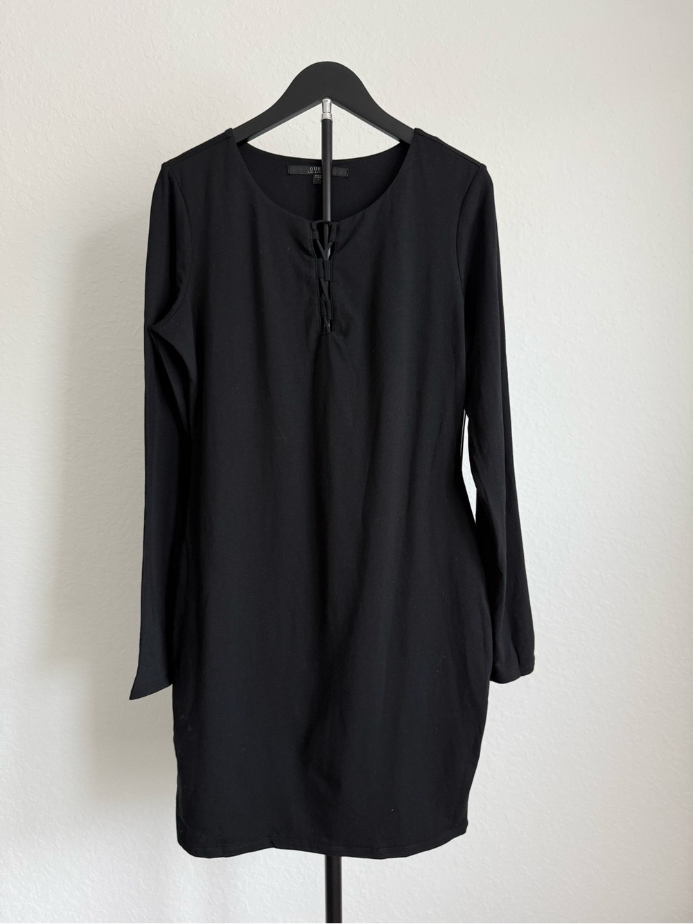 Guess Black Long-Sleeve Tunic Dress with Tie Neck